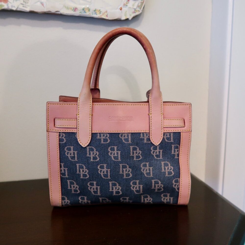 Vintage Y2K Dooney & Bourke Monogram Denim Pink Leather Top Handle Bag - Picture 2 of 9